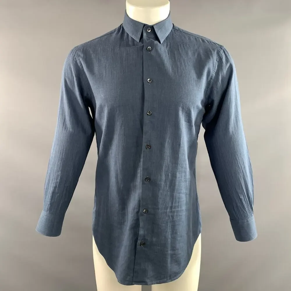 GIORGIO ARMANI Size S Navy Herringbone Cotton Pointed Collar Long Sleeve Shirt